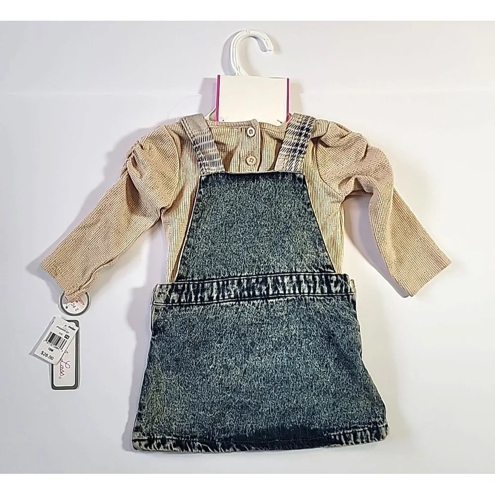 Little Lass Baby Girl Size 18M Denim Jean Bib & Plaid Dress-Bodysuit‎ & Headband